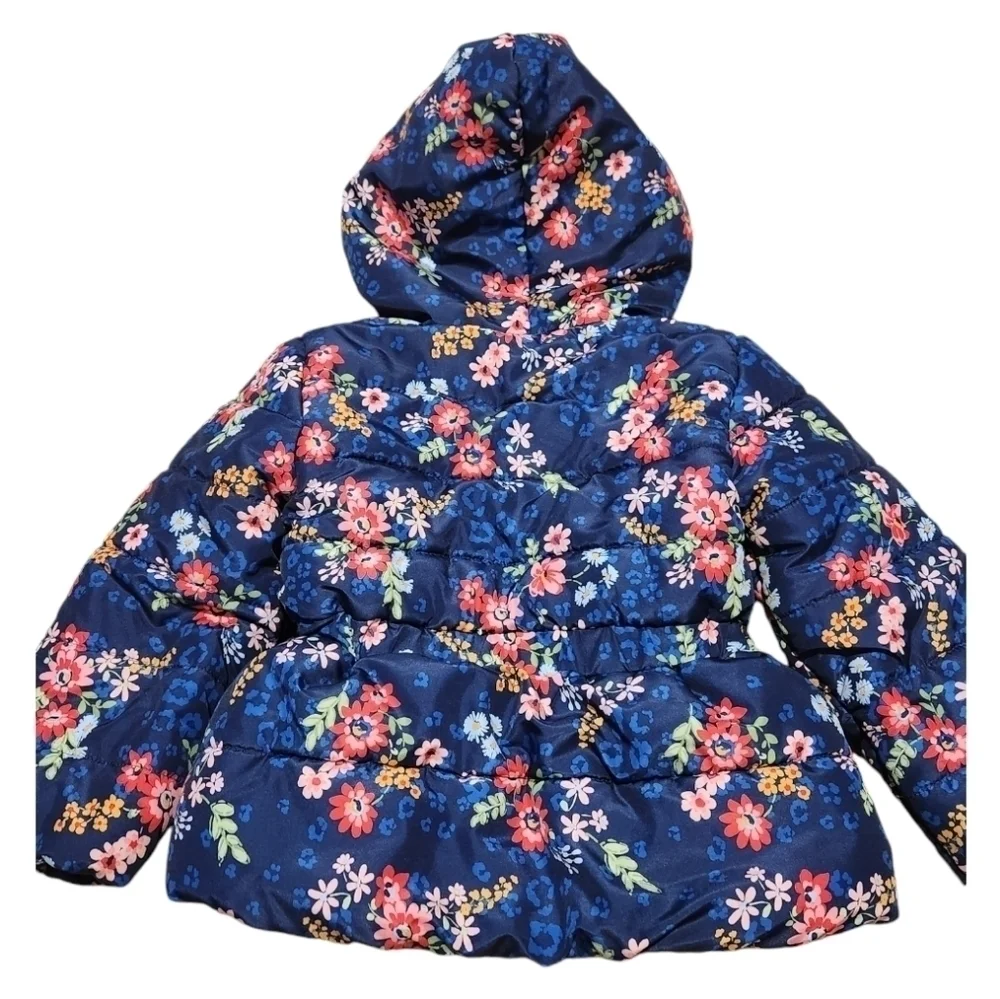 Little Me Girl's Navy Blue Floral Hooded Winter Coat Jacket, 3T